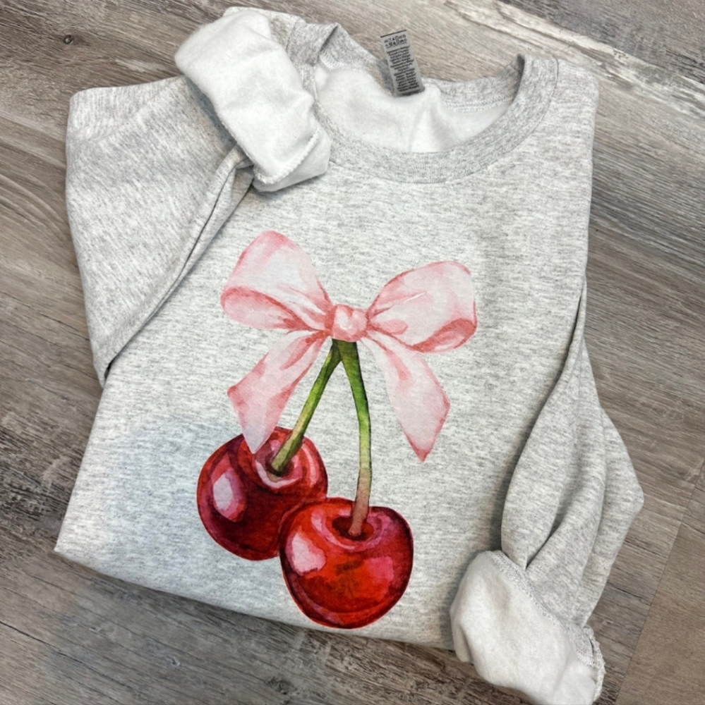 Cherry Bow Coquette Pretty Cozy Graphic Crewneck Sweatshirt NEW